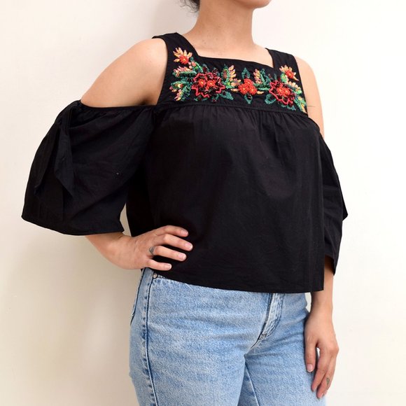 black sparkly cold shoulder top